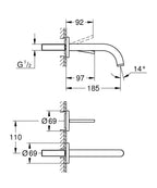 Grohe Lavabo Bataryası İki Delikli Duvardan Atrio Br. Hard Graphite - 29410AL0 teknik çizim