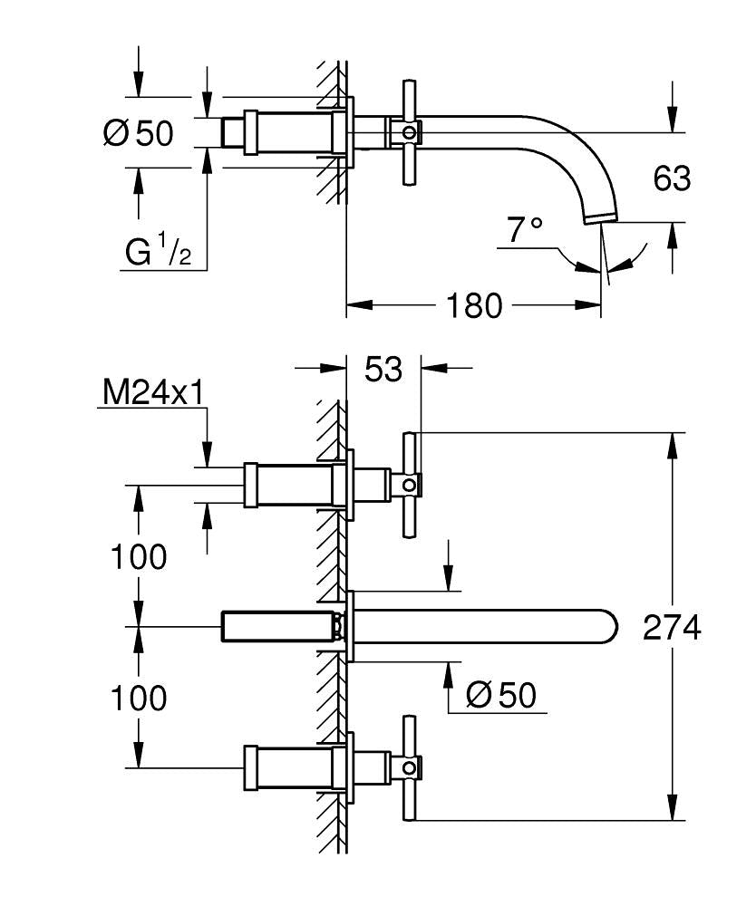 Grohe Atrio 3 Delikli Duvardan Lavabo Bataryası M-Boyut Brushed Hard Graphite - 20661AL0 teknik çizim