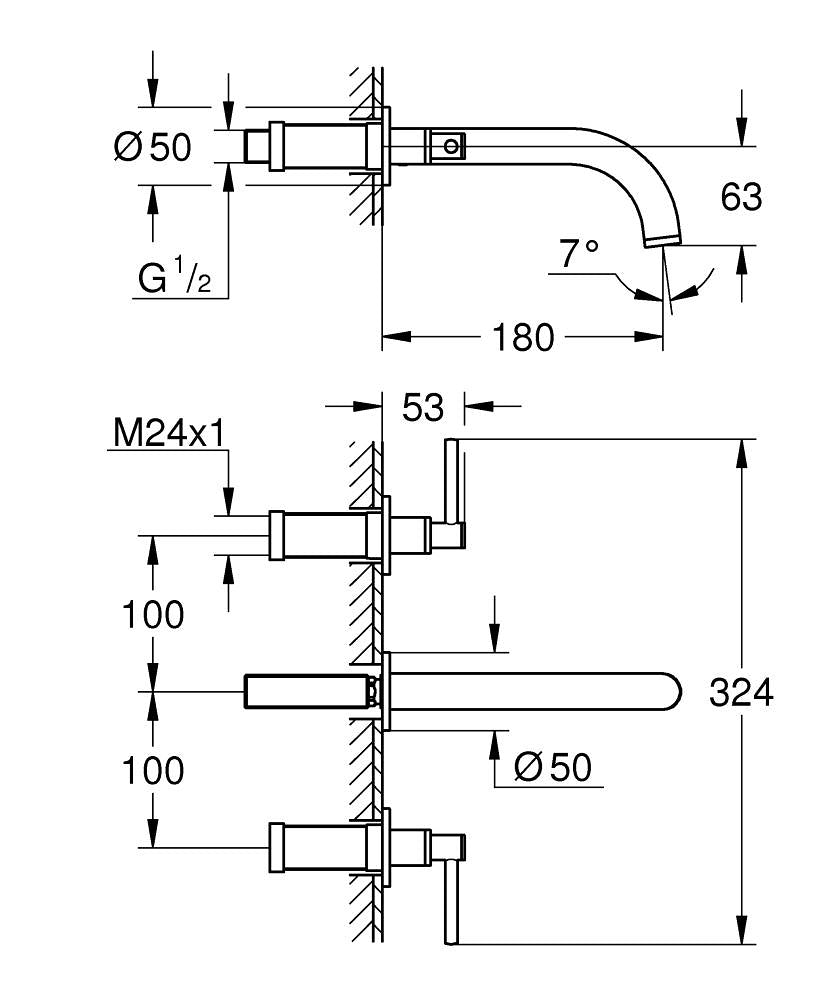 Grohe Atrio 3 Delikli Duvardan Lavabo Bataryası M-Boyut Warm Sunset - 20662DA0 teknik çizim