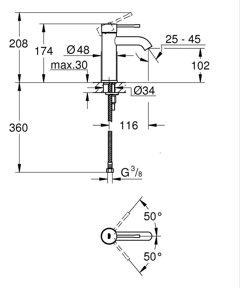 Grohe Essence Tek Kumandalı Lavabo Bataryası S Brushed  Warm Sunset - 24172DL1 teknik çizim