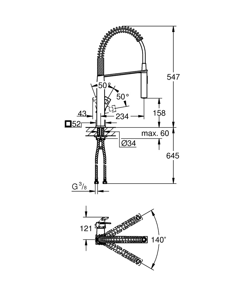 Grohe Eviye Bataryası Spiralli 2 Fonk Prof. Cube Super Steel - 31395DC0 teknik çizim