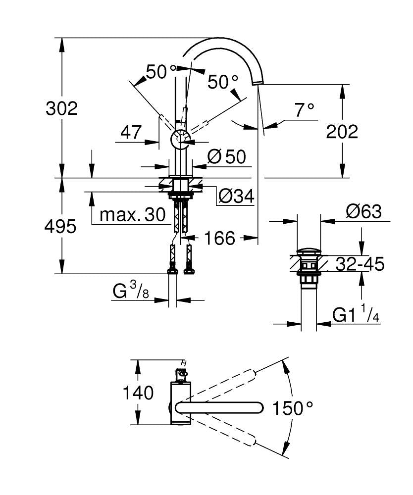 Grohe Lavabo Bataryası Atrio L Boyut Warm Sunset - 24362DA0 teknik çizim
