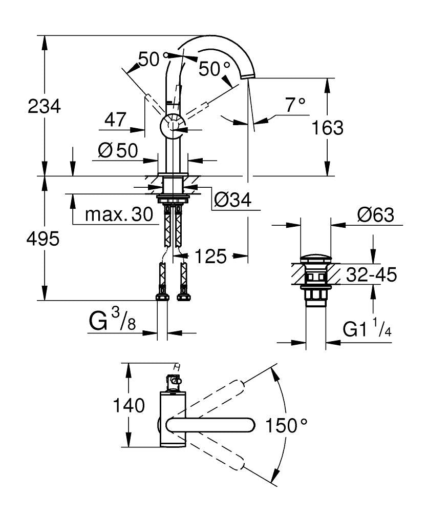 Grohe Lavabo Bataryası Atrio M Boyut Warm Sunset - 24363DA0 teknik çizim