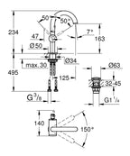 Grohe Lavabo Bataryası Atrio M Boyut - 24363000 teknik çizim