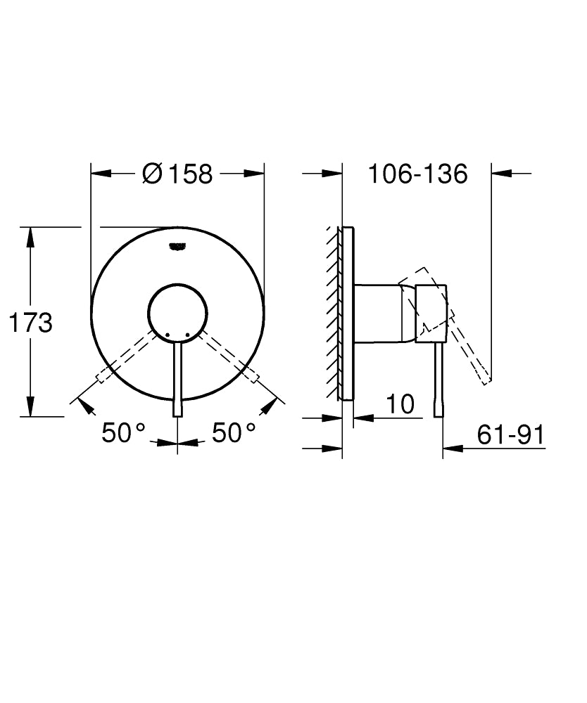 Grohe Ankastre Duş Bataryası 1 Çık. Essence Brushed  Warm Sunset - 24057DL1 teknik çizim