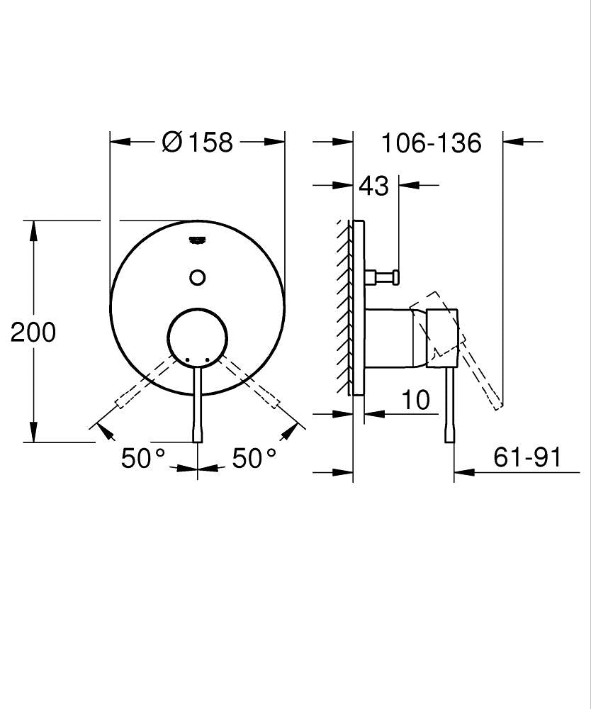 Grohe Essence Ankastre Banyo/Duş Bataryası  Cool Sunrise - 24167GL1 teknik çizim