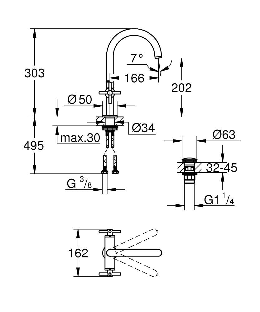 Grohe Lavabo Bataryası Atrio L-Boyut Krom - 21144000 teknik çizim