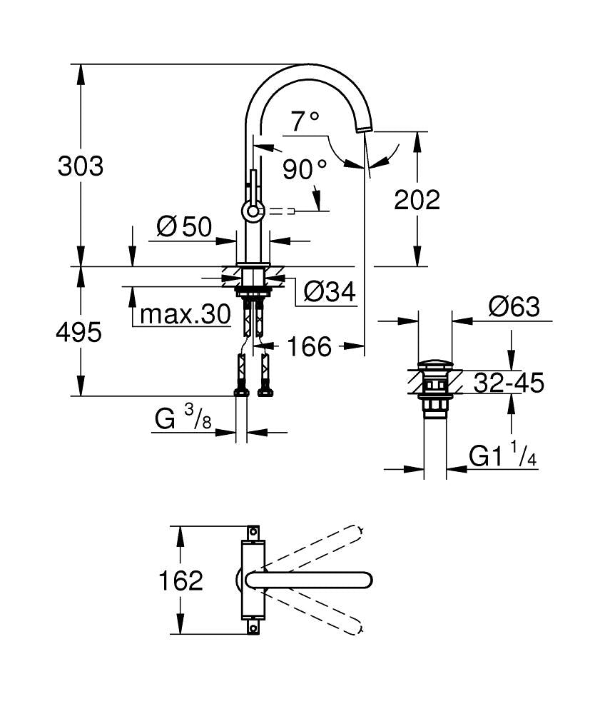 Grohe Lavabo Bataryası Atrio L Boyut Warm Sunset - 21145DA0 teknik çizim