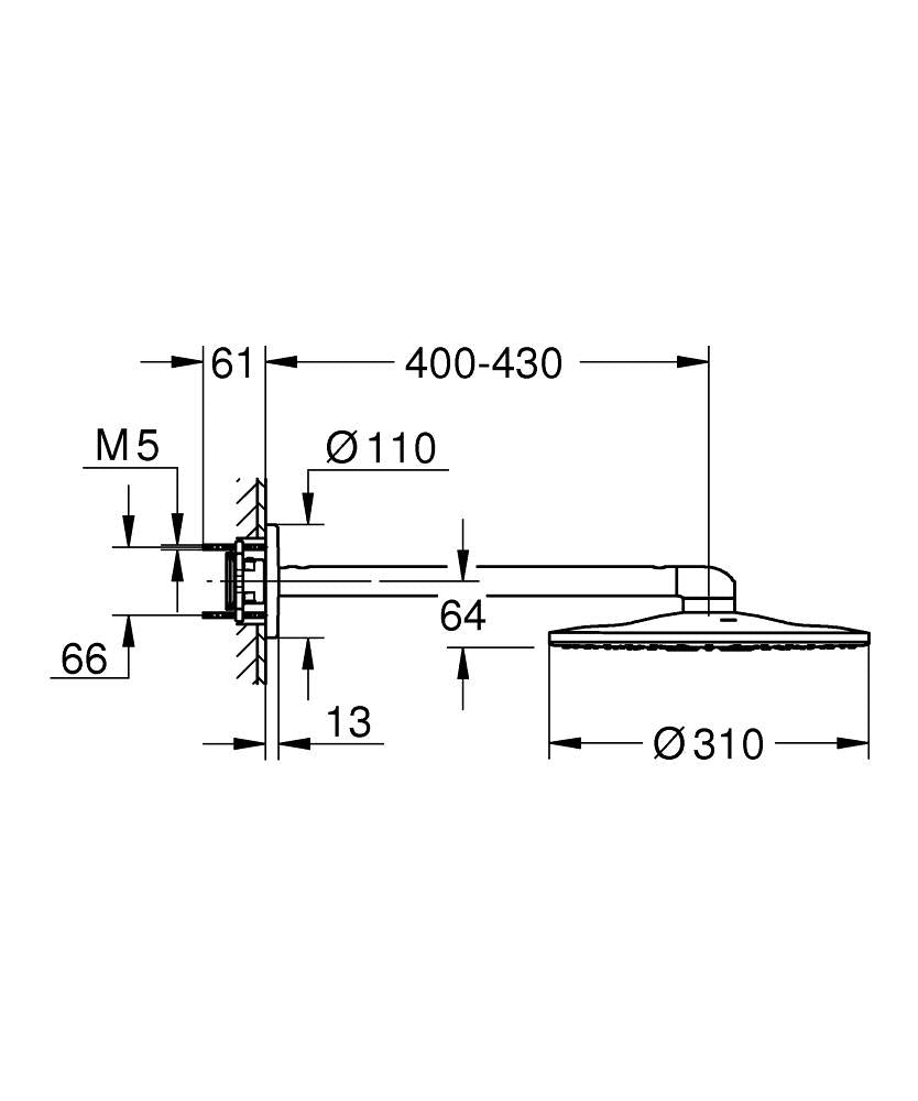 Grohe Rainshower Smartactive 310 Tepe Duşu Seti 430 Mm, 2 Akışlı Mat Siyah - 22123KF0 teknik çizim