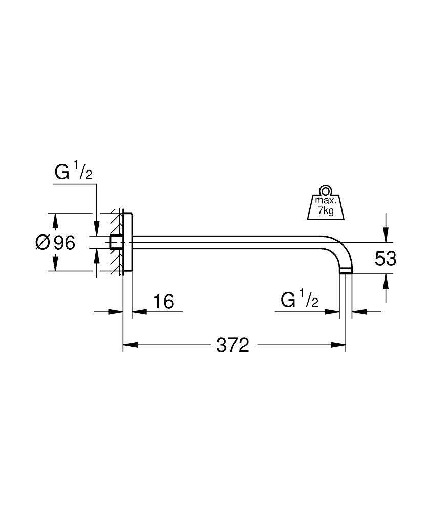 TEPE DUŞU DİRSEĞİ RAİHSHOWER MODERN KROM 38 CM. teknik çizim