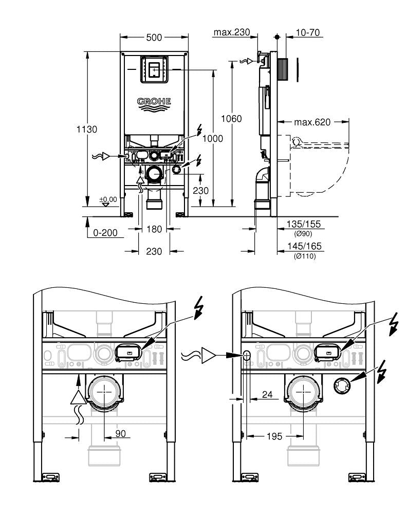 Grohe Rapid  S L X3'Ü 1 Arada  W C Gömme Rezervuar Seti, 1.13 M Montaj Yüksekliği - 39603000 teknik çizim