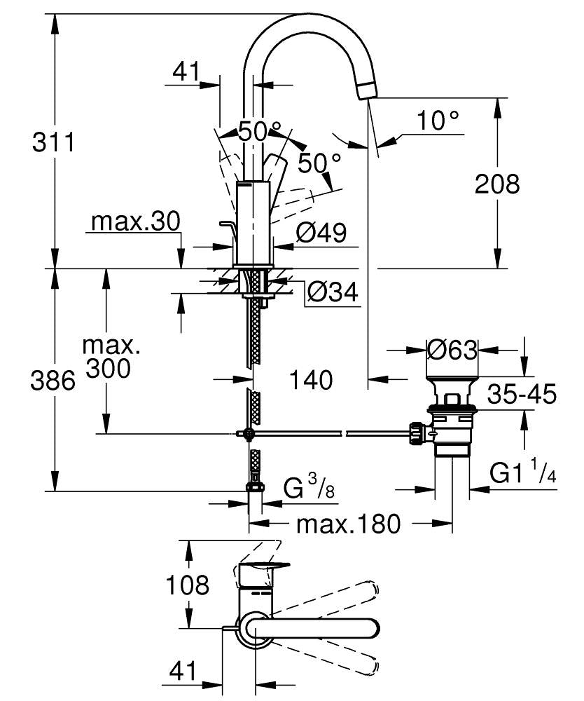 Grohe Bauedge Tek Kumandalı Lavabo Bataryası 1/2"
L-Boyut - 23760001 teknik çizim