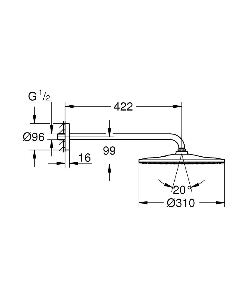 Grohe Rainshower Mono 310 Tepe Duşu Set 422 Mm, 1 Akışlı- 26558000 teknik çizim