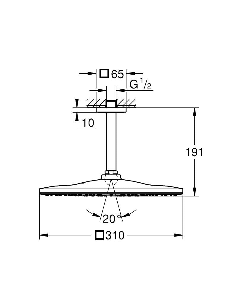 Grohe Rainshower Mono 310 Cube Tepe Duşu Seti 142 Mm, Tek Akışlı Brushed Hard Graphite - 26566AL0 teknik çizim