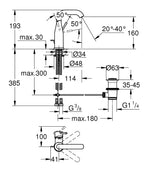 Grohe Lavabo Bataryası Essence M-Boyut Krom - 23462001 teknik çizim