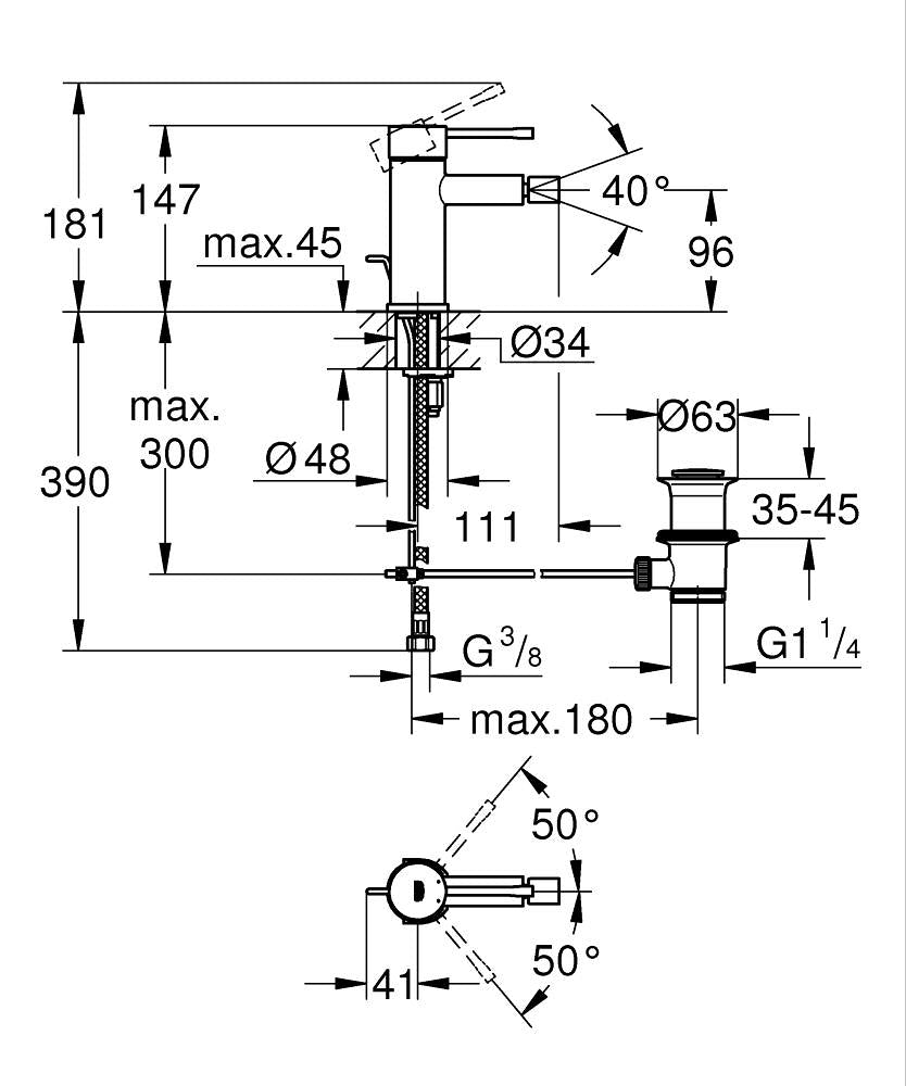 Grohe Essence New Tek Kumandalı Bide Bataryası S-Boyut - 32935001 teknik çizim