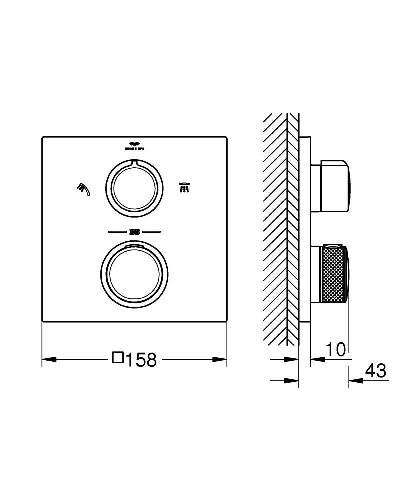 Grohe Ankastre Termostatik Banyo Bataryası 2 Çıkışlı Allure Br. Cool Sunrise - 29181GN2 teknik çizim