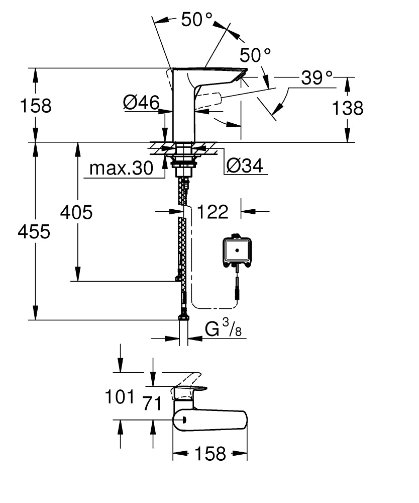 Grohe Eurosmart Tek Kumandalı Lavabo Bataryası M-Boyut - 23975003 teknik çizim