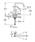 Grohe Eurosmart Eviye Bataryası Mat Siyah - 305672430 teknik çizim