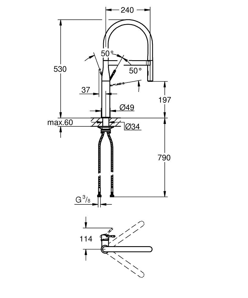 Grohe Eviye Bataryası Spiralli 2 Fonk Essence SuperSteel - 30503DC0 teknik çizim