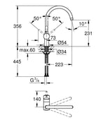 Grohe Eviye Bataryası Döner Borulu Minta Krom - 32917000 teknik çizim
