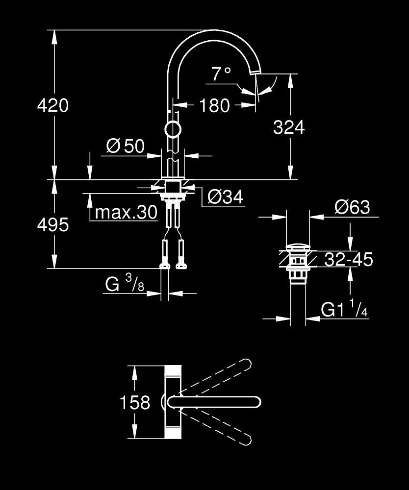 Grohe Atrio Private Collection Lavabo Bataryası 1/2’’ XL-Cool Sunrise – 21142GL0 teknik çizim