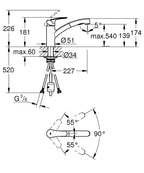 Grohe Eurosmart Tek Kumandalı Spiralli Eviye Bataryası Mat Siyah - 303052431 teknik çizim