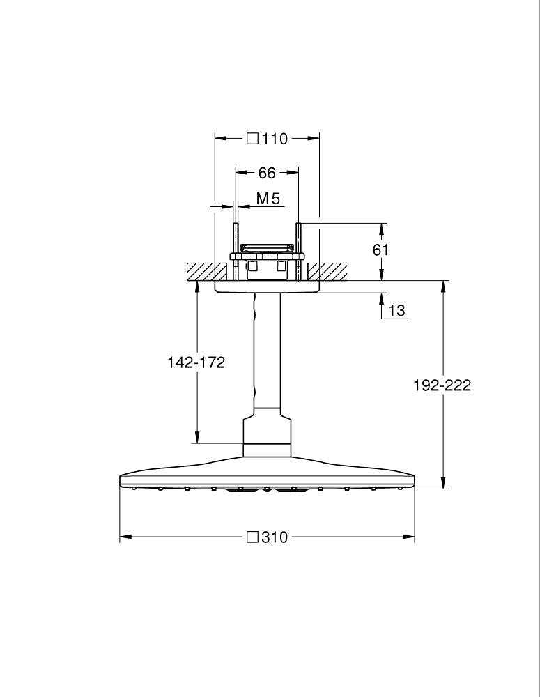 Grohe Rainshower 310 Cube Tepe Duşu Seti 142 Mm, 2 Akışlı teknik çizim