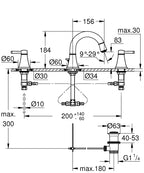 Grohe Lavabo Bataryası 3 Delikli Grandera M–Boyut Krom/Altın – 20624IG0 teknik çizim