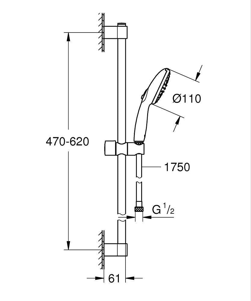 Grohe Tempesta 110 Duşu Seti 2 Akışlı Mat Siyah - 261622433 teknik çizim
