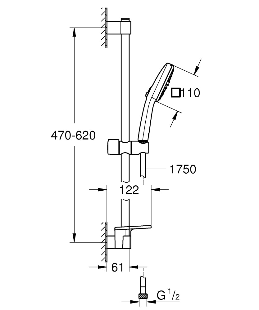 Grohe Tempesta Cube 110 Duşu Seti 2 Fonksyionlu Rain,Jet,Massage - 26907003 teknik çizim