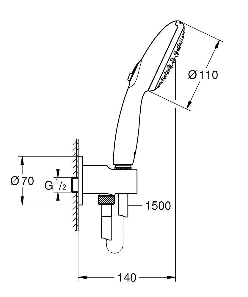 Grohe Tempesta 110 Su Çıkış Dirsekli El Duşu Seti 2 Akışlı Rain,Jet - 26406003 teknik çizim