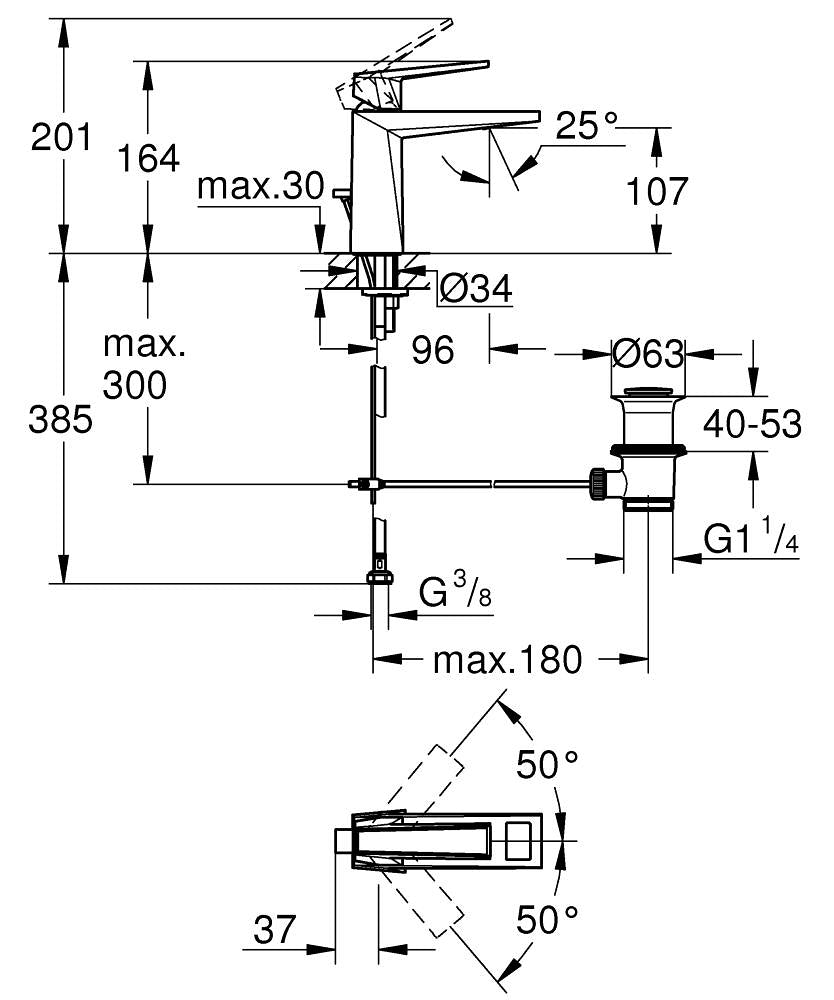 Grohe Allure Brilliant Private Collection Lavabo Bataryası M Boyut - 24398000 teknik çizim