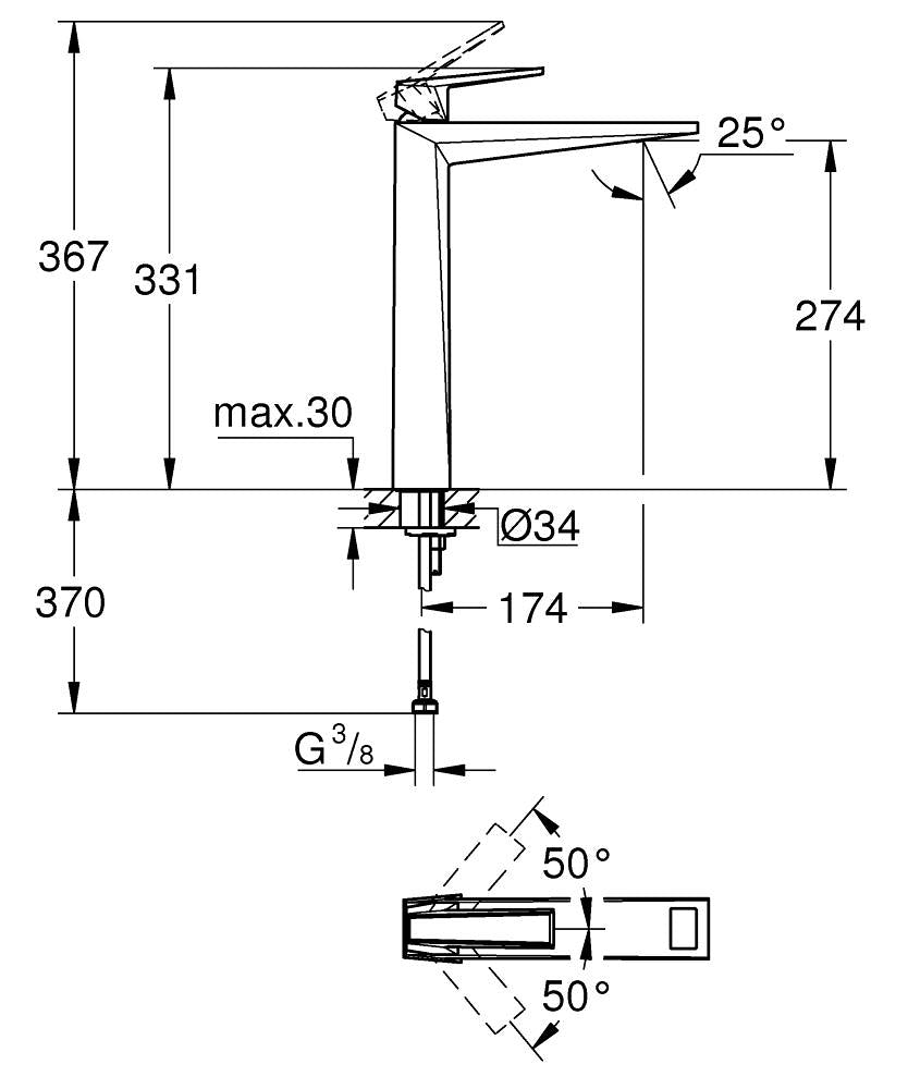 Grohe Allure Brilliant Private Collection Lavabo Bataryası XL Boyut Krom – 24418000 teknik çizim