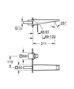 Grohe Allure Brilliant Private Collection 2 Delikli Duvardan Lavabo Bataryası M–Boyut Brushed Hard G teknik çizim