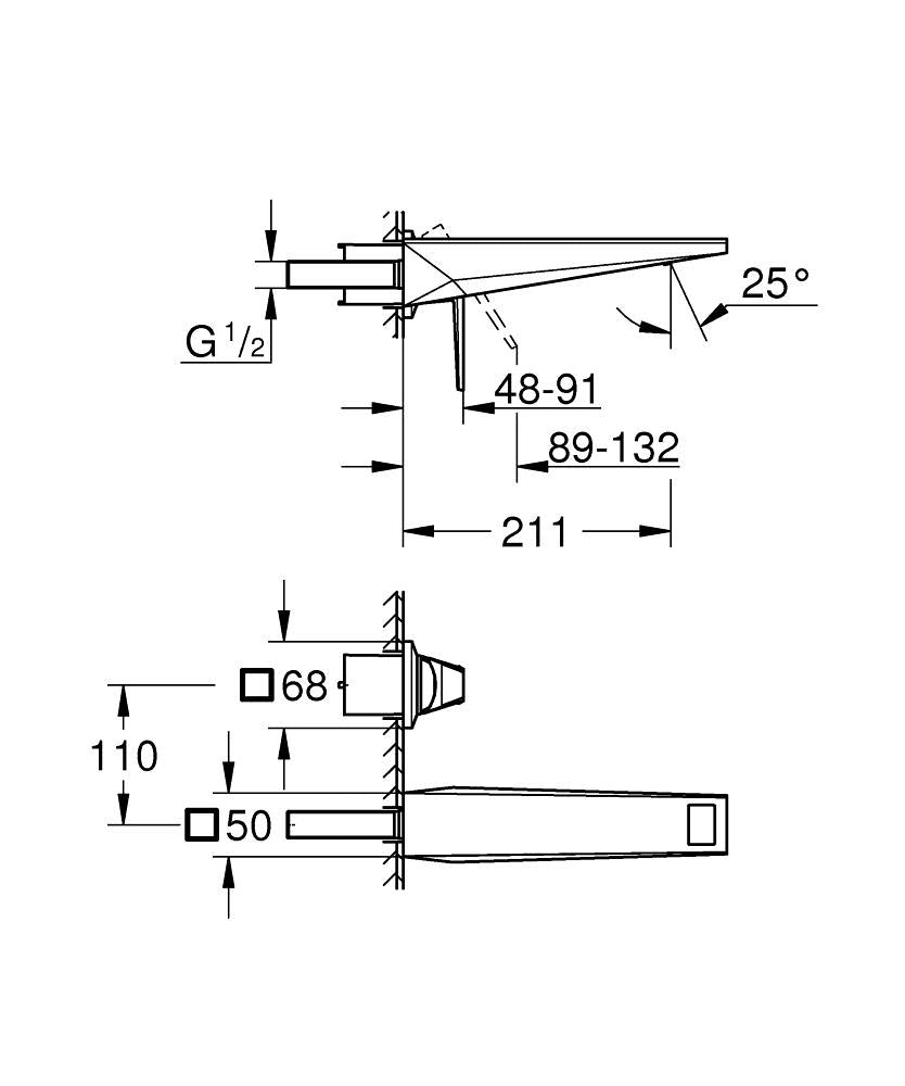 Grohe Allure Brilliant Private Collection 2 Delikli Duvardan Lavabo Bataryası M–Boyut Krom – 2952100 teknik çizim