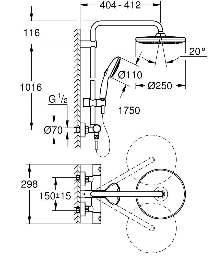 Grohe Tempesta System 250 Duvara Monte Termostatik Bataryalı Duş Sistemi Krom - 26670001 teknik çizim