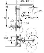 Grohe Tempesta System 250 Duvara Monte Termostatik Bataryalı Duş Sistemi Krom - 26670001 teknik çizim