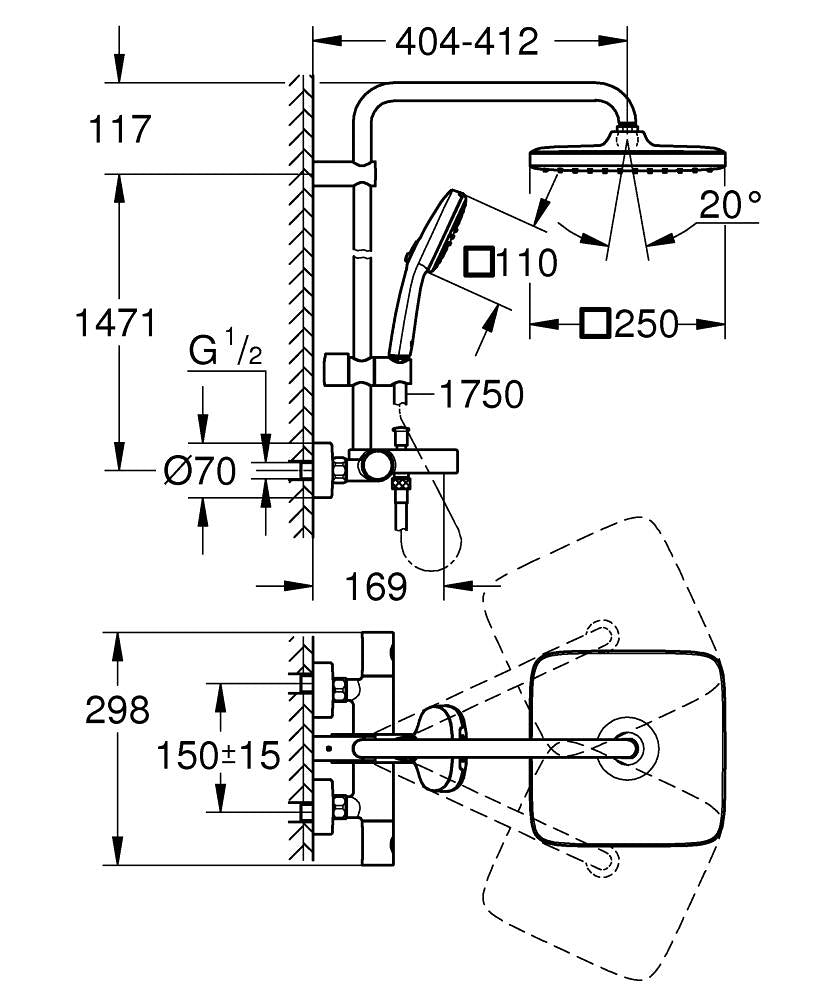 Grohe Tempesta System 250 Cube Duvara Monte Termostatik Bataryalı Duş Sistemi Mat Siyah - 266912431 teknik çizim