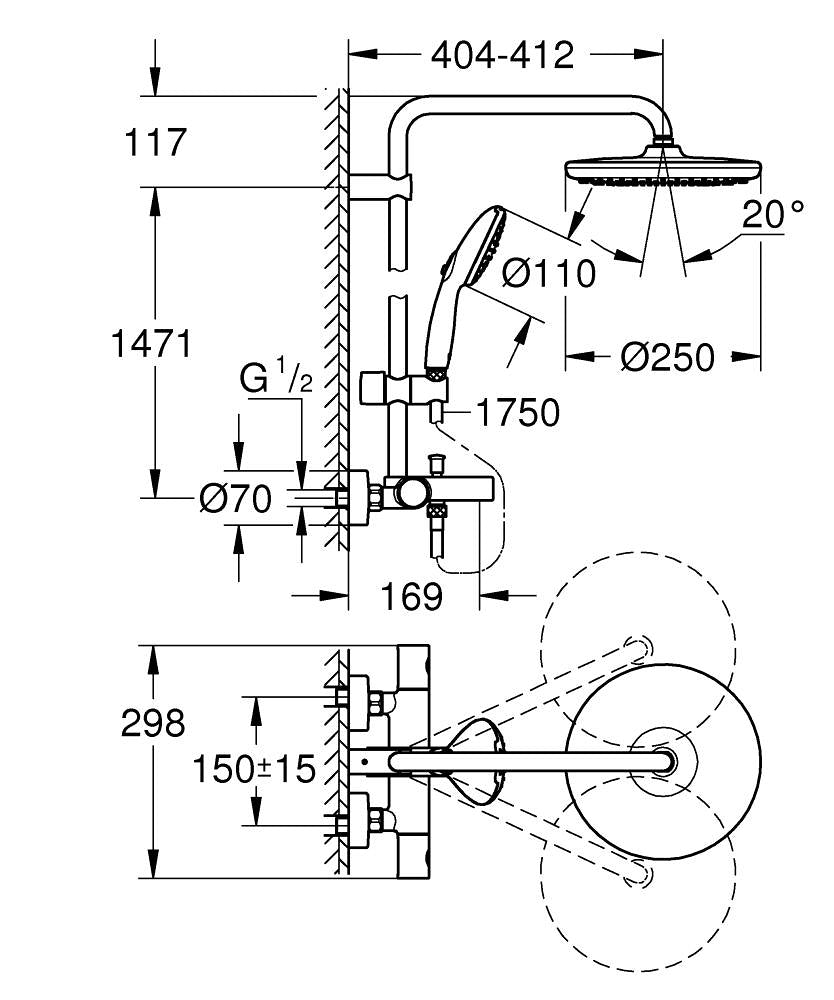 Grohe Tempesta System 250 Duvara Monte Termostatik Bataryalı Duş Sistemi Mat Siyah - 266722431 teknik çizim