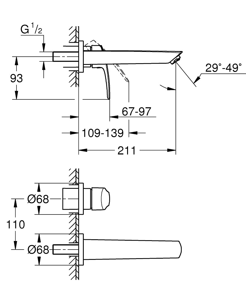 Grohe Eurosmart İki Delikli Lavabo Bataryası M-Boyut Mat Siyah - 293382433 teknik çizim