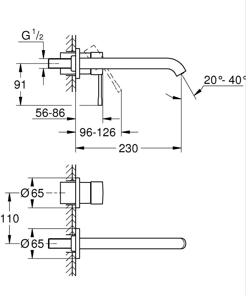 Grohe Essence İki Delikli Duvardan Lavabo Bataryası L-Boyut - 29193001 teknik çizim
