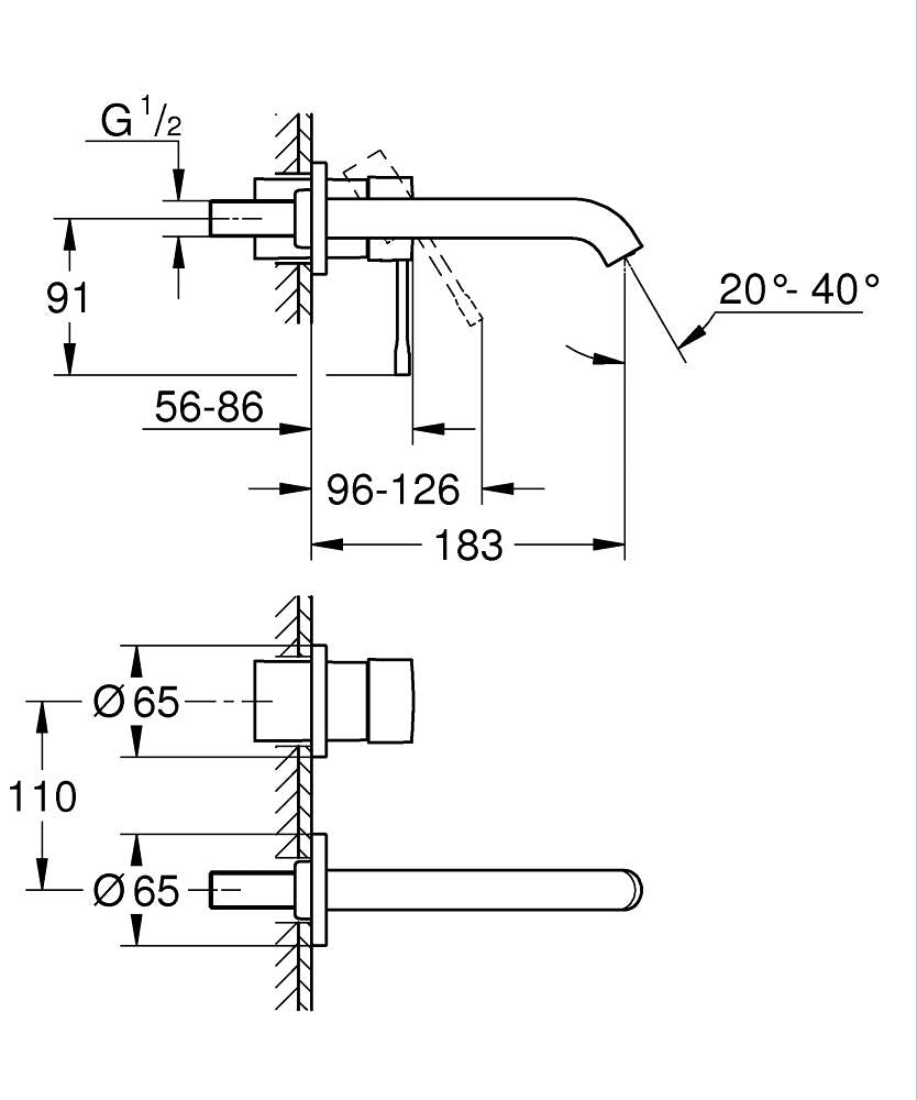 Grohe Essence İki Delikli Duvardan Lavabo Bataryası M-Boyut - 19408001 teknik çizim