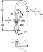 Grohe Eviye Bataryası Spiralli 2 Fonk Concetto Super Steel -31483DC2 teknik çizim