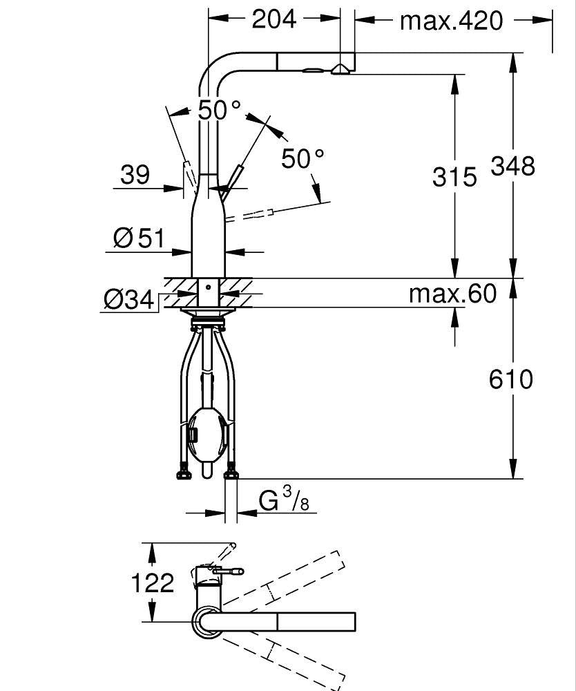 Grohe Eviye Bataryası Spiralli 2 Fonk Essence Super Steel - 30270DC0 teknik çizim