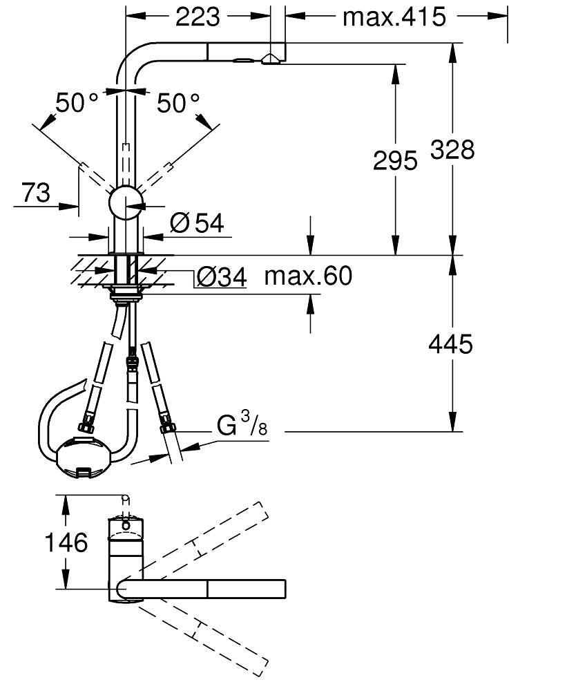 Grohe Eviye Bataryası Spiralli 2 Fonksiyonlu Minta Krom- 30274000 teknik çizim