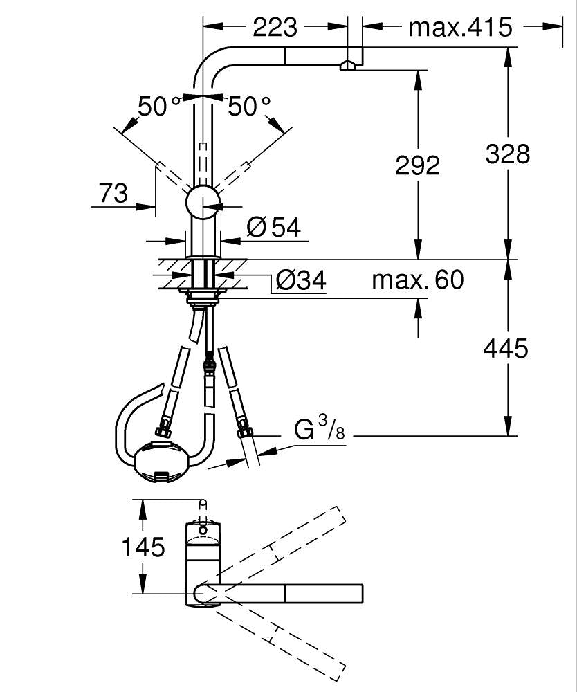 Grohe Eviye Bataryası Spiralli Tek Akışlı Minta Krom - 32168000 teknik çizim