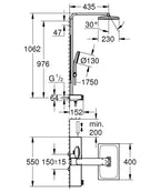 Grohe Rainshower Aqua Pure Duvara Monte Termostatik Bataryalı Duş Sistemi Cool Sunrise - 100961GL00 teknik çizim