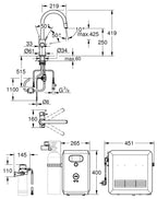 Grohe Blue Professional Arıtmalı İçme Suyu ve Soda Yapan Spiralli Eviye Bataryası Super Steel - 3132 teknik çizim