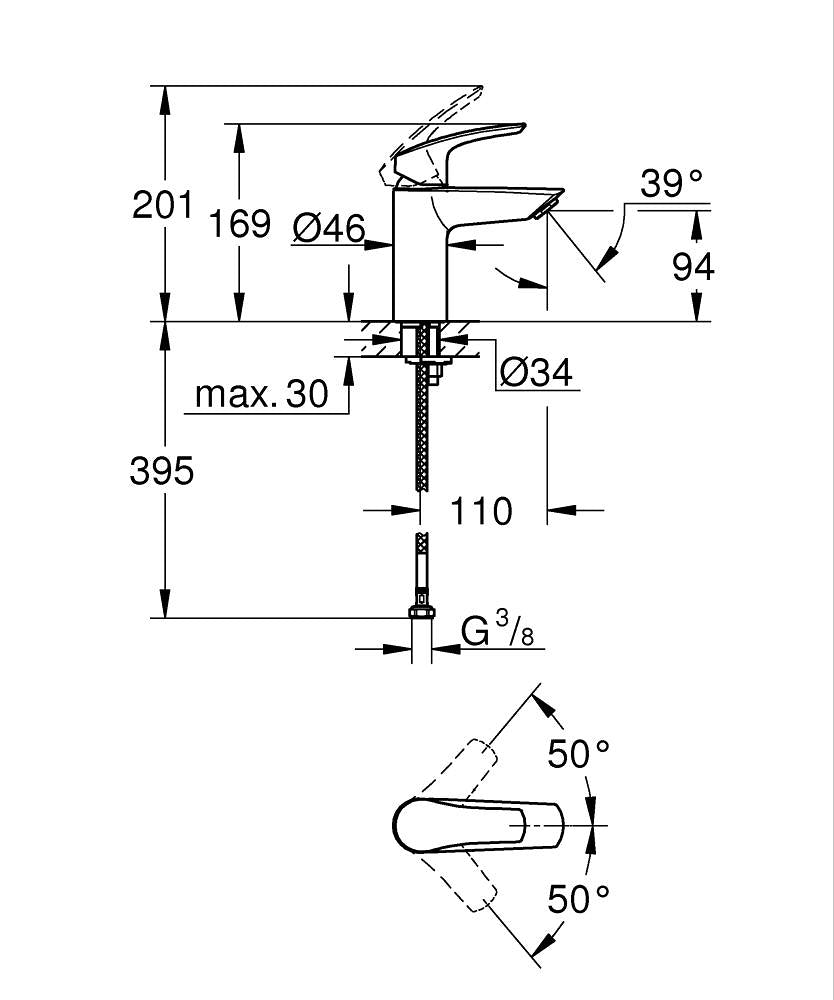 Grohe Eurosmart Lavabo Bataryası Mat Siyah - 324672433 teknik çizim